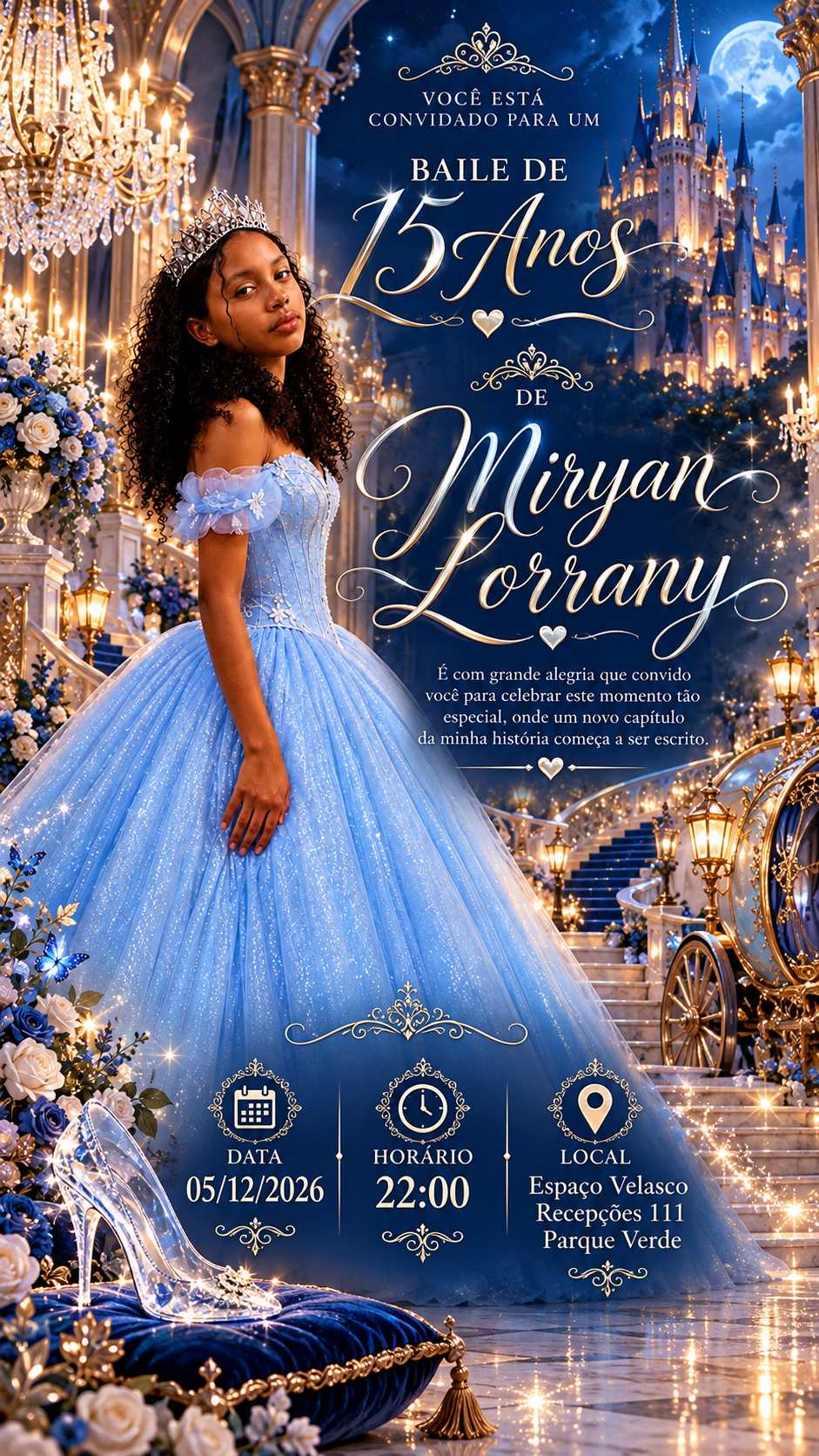 Convite de 15 anos de Miryan Lorrany, dia 05 de dezembro de 2026 às 22 horas, Espaço Velasco Recepções 111, Parque Verde